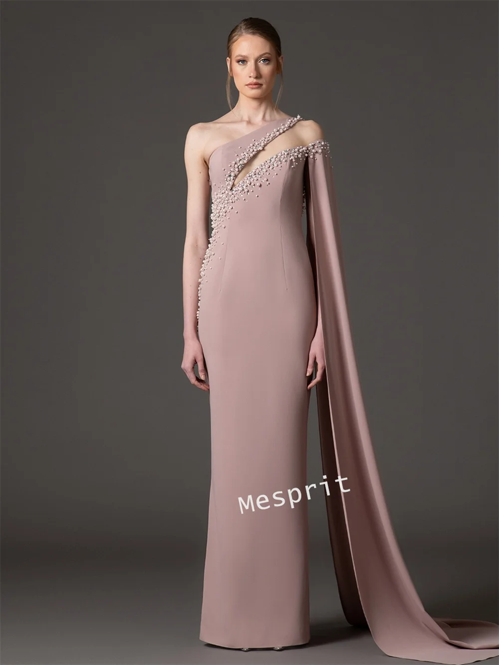 Customized Jersey Luxury Evening Dress Glitter Beading One-shoulder Shawl Charming Long Dresses Bespoke Occasion Exquisite Party