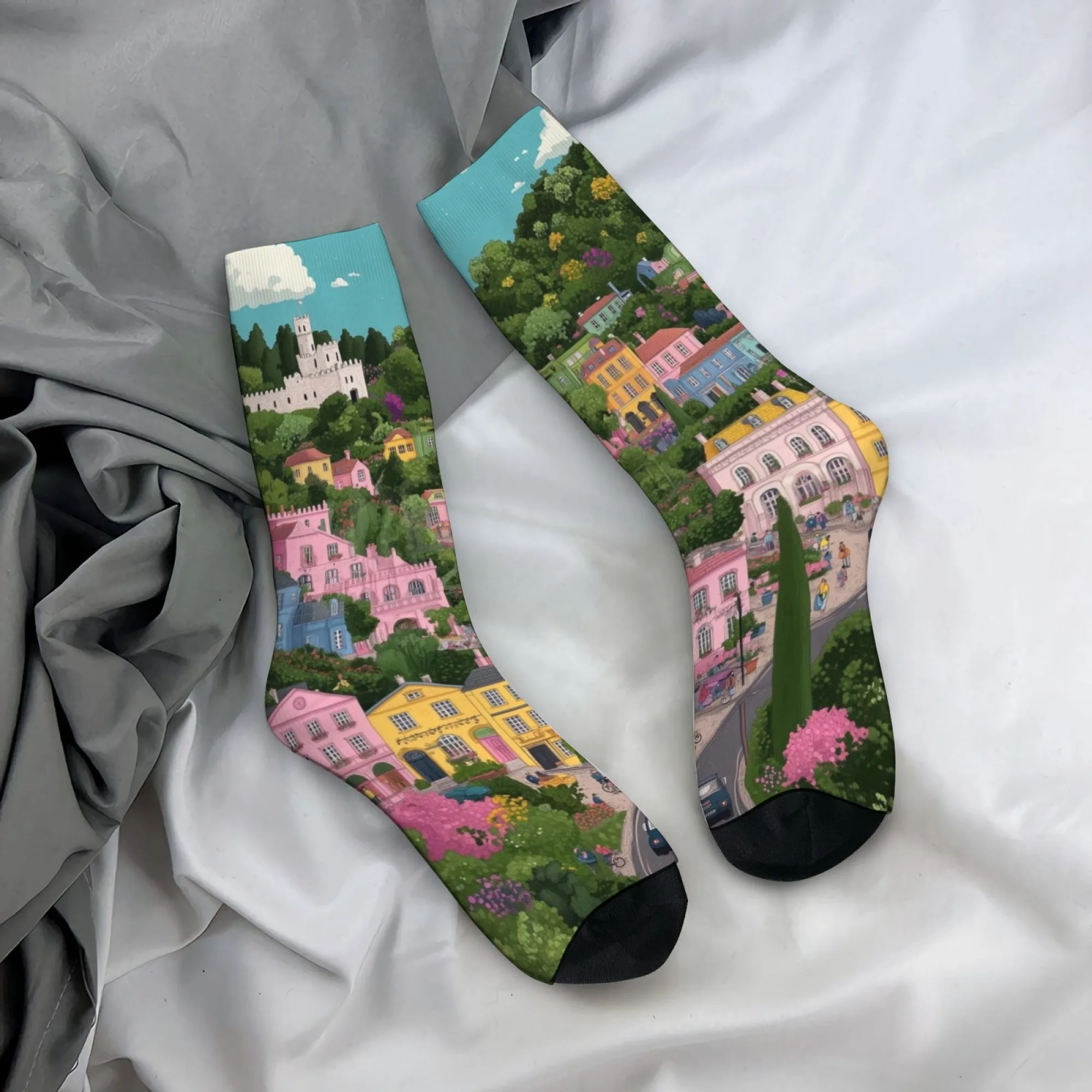

Fantasy Fairy Tale Town Cartoon Socks Harajuku Style Casual Fashion Men's Socks Novelty Funny Happy Compression Socks Party Gift