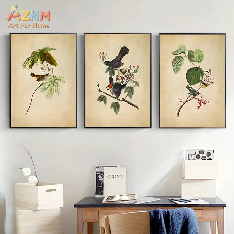 AZNM Frameless Canvas Poster Vintage Bird Botanical Print, Retro Old Paper Owl Swallow Wildlife Branch Flower Illustration Wall