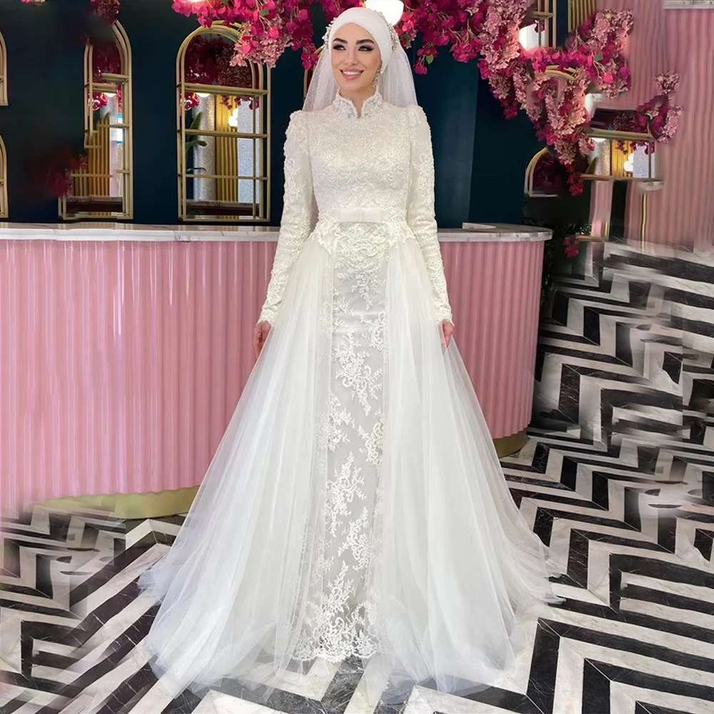 

Exquisite Wedding Dresses High Neck Long Sleeve for Muslim Bride with Appliques Mermaid Bridal Gowns Customized robe de mariée