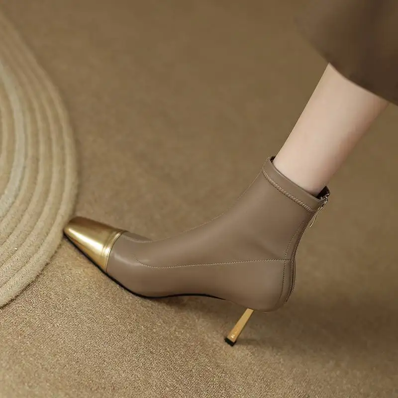 كرازينغ وعاء البقرة انقسام الجلود ساحة تو رقيقة عالية الكعب الأحذية الحديثة الربط المدخنة تصميم موضة مريحة سستة حذاء من الجلد #3