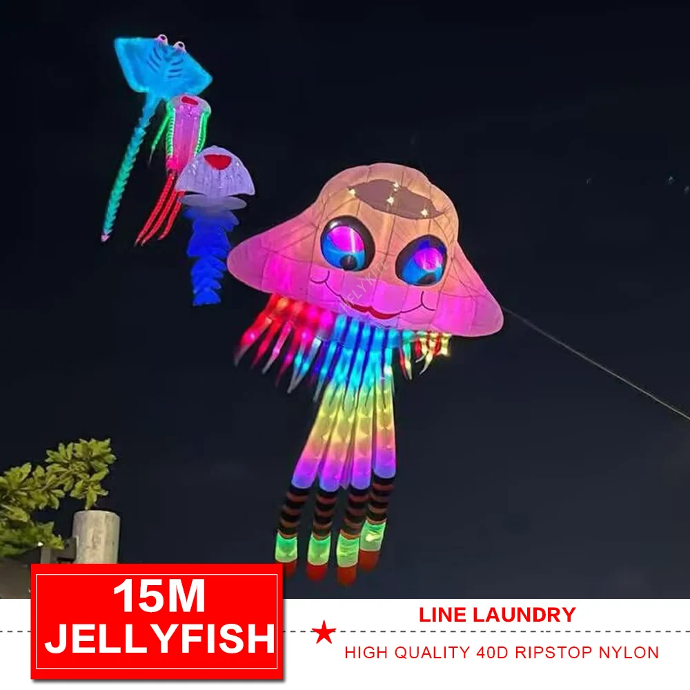 

HFLY Новое поступление, большие 10/15 м светодиодные воздушные змеи в виде медузы для взрослых, высококачественные нейлоновые воздушные змеи Ripstop для показа животных с подсветкой