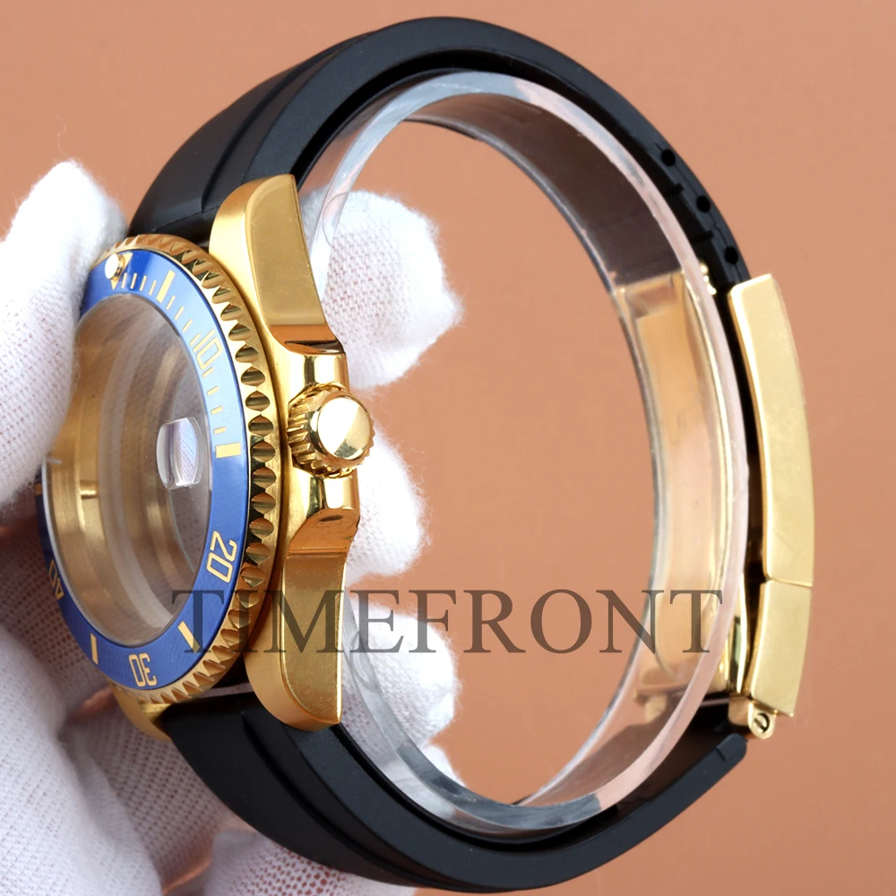 الذهب 40 مللي متر nh35 الياقوت الزجاج حالة المطاط حزام ل SUB GMT يخت ماستر NH34 NH35 NH36 NH38 حركة 28.5 مللي متر ساعة مزدوجة أجزاء