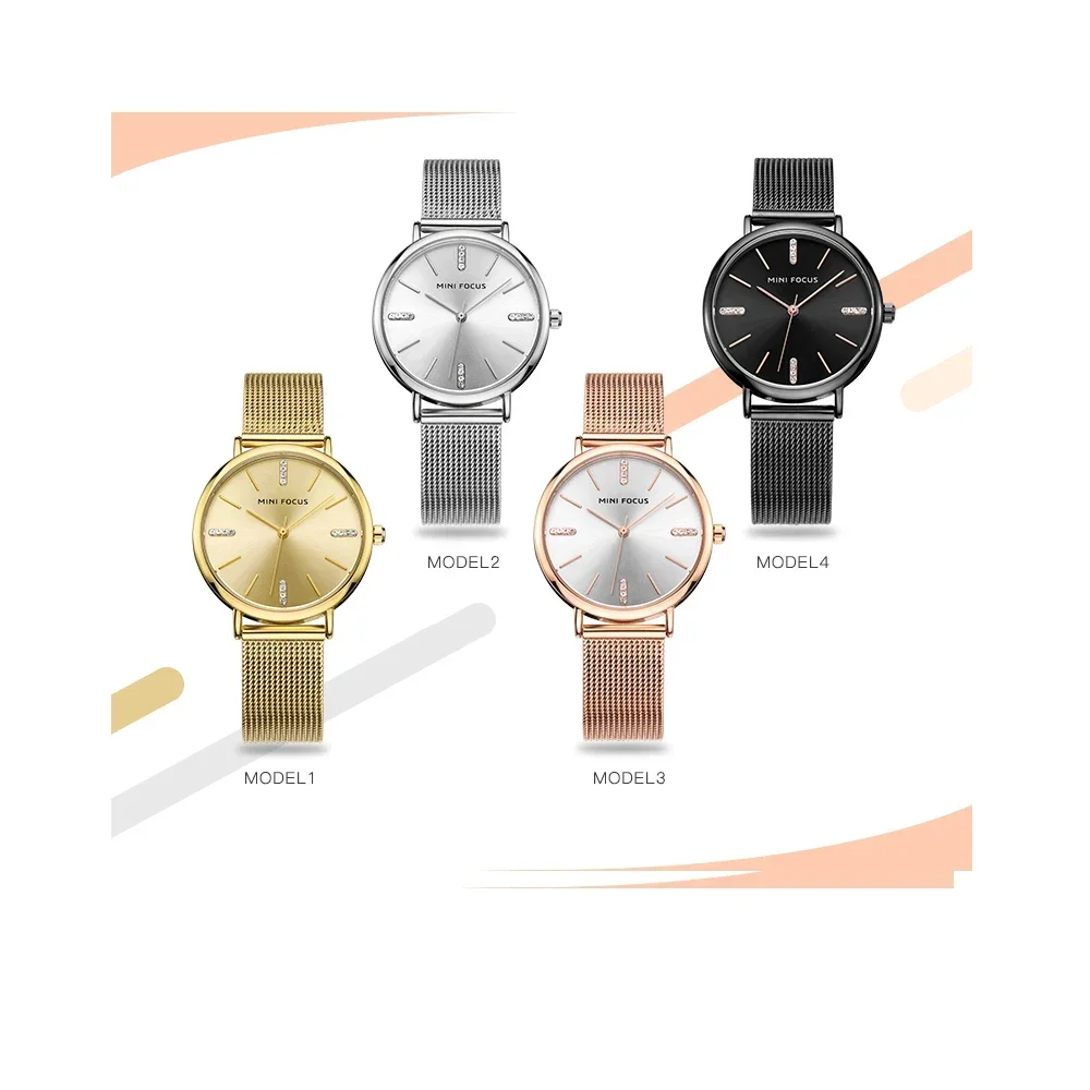 Jam tangan wanita fokus MINI 0036L, jam tangan kuarsa ultra-tipis, jam tangan jaring baja tahan karat wanita simpel modis