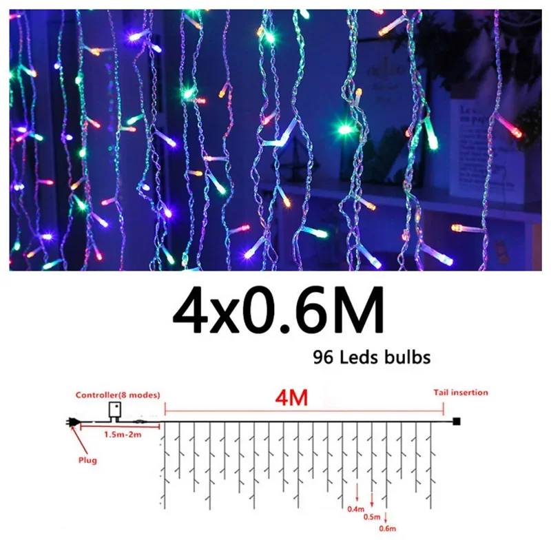 4X0.6M LED Icicle Christmas Festoon Lights Street Garland Fairy Curtain Light for Party Holiday Wedding Bedroom Decoration