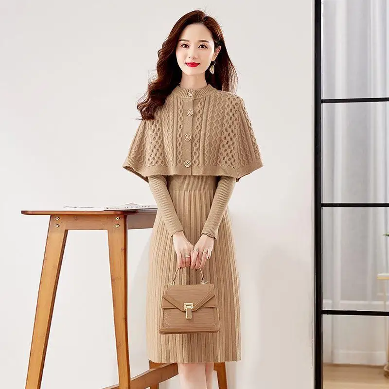 Retro Knitted Suit Women's 2023 New Spring Autumn Fashion Cloak Shawl Underwear Medium Length Woolen Dress Two Piece Set