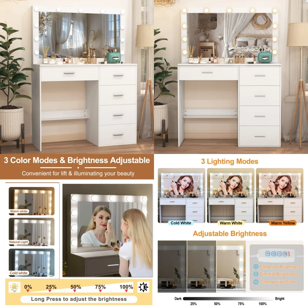 

Makeup VanitiesVanity Makeup Table with LED Lighted Mirror 5 Drawer Dressing Desk for Bedroom