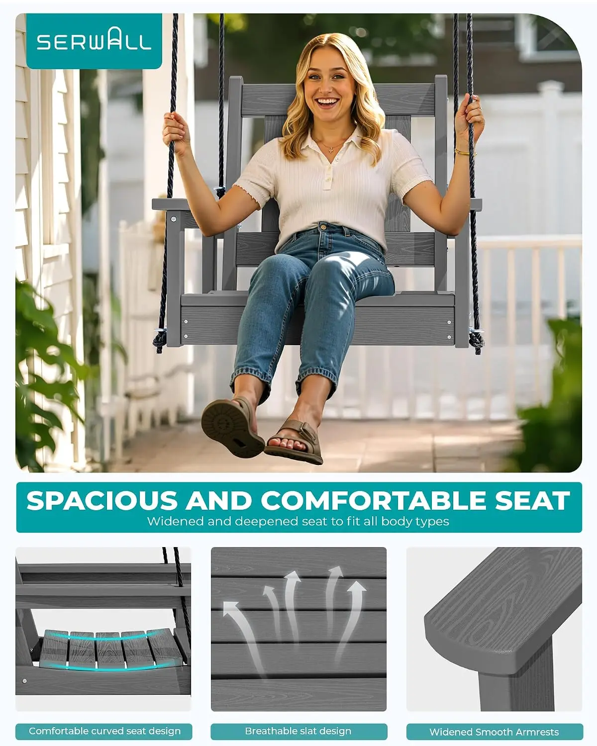 HDPE Porch Swing 2 Pack Heavy Duty Swing Chair with Polypropylene Ropes Adirondack Hanging Chair , Customized