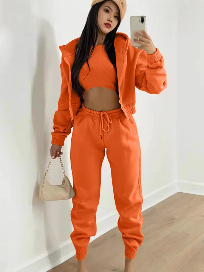 Ladies Tracksuit Zippered Hooded Jogger Tracksuit Thermal Lined Trousers Tracksuit Fashionable Athleisure Cozy Ensemble view 2