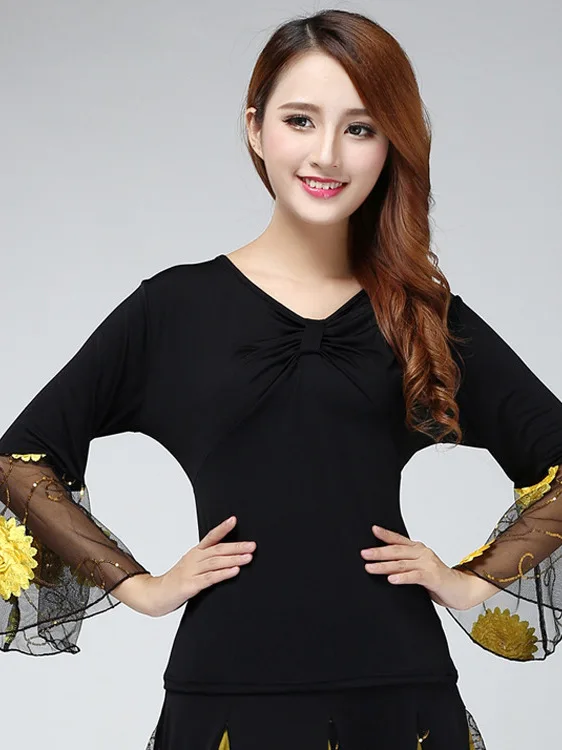 Pagoda Sleeve Long Sleeve Dance Tops For Women Lace V-Neck Latin Ballroom Dancewear Costume