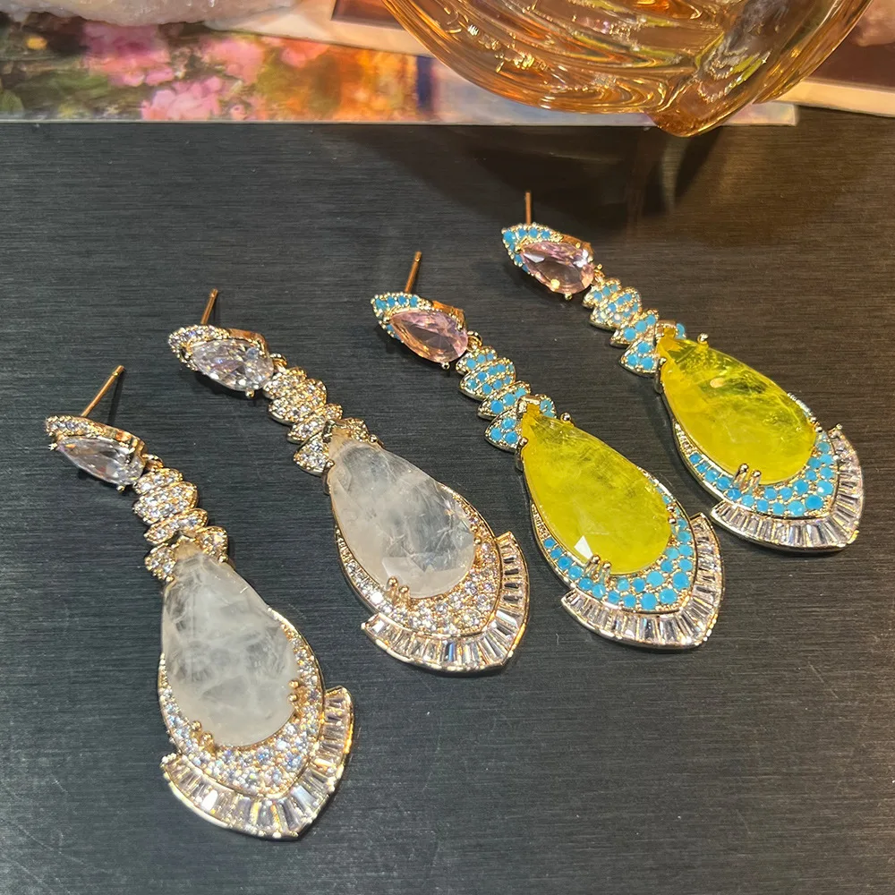 White Yellow Blue Waterdrop Earrings Long Vintage Wedding Bride Dinner Party Luxury Jewelry Women Earrings Gift