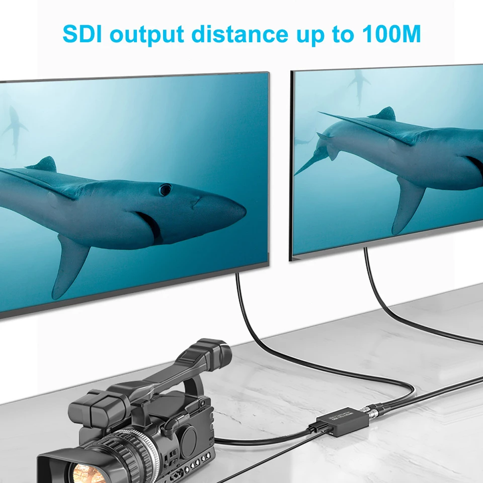 Konwerter HDMI na SDI Mini konwerter 1 HDMI na 2 wyjścia SDI Audio Embedder 3G/HD-SDI Automatyczne wykrywanie formatu Przedłużacz do kamery