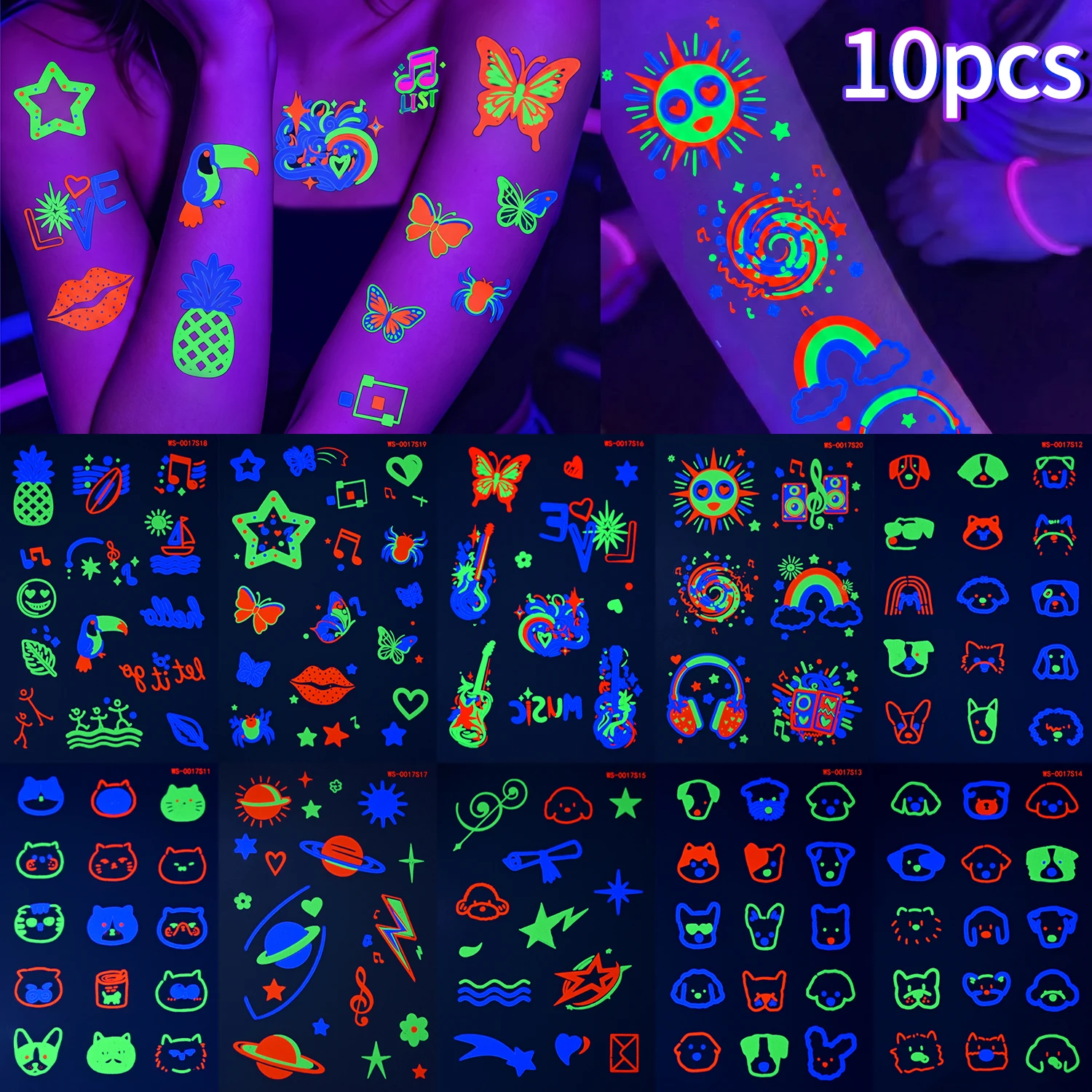 10Pcs Fluorescent Neon Butterfly Star Temporary Tattoo Stickers Glowing Animal Music Notes Tattoos for Night Party Body Decor NL