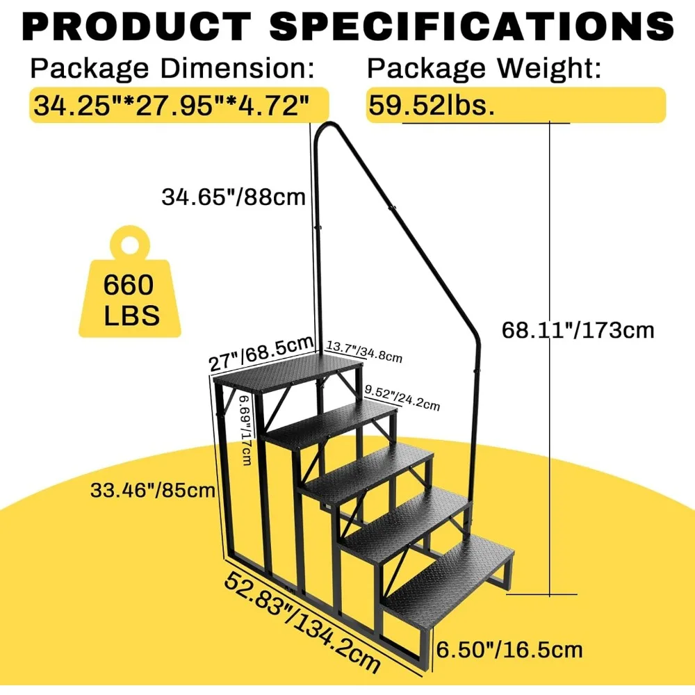 RV Steps with Handrail, Hot Tub Steps Outdoor, 5 Step Ladder Stool, RV Stairs with Anti-Slip Panel, Camper Steps for Spa, Travel