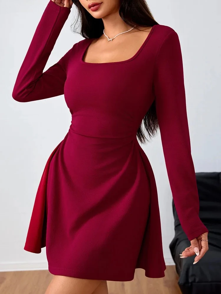 2025 الخريف الصلبة ساحة الرقبة Bodycon فستان المرأة حفلة ضيقة فساتين قصيرة الجنية السيدات مثير الأحمر نادي فستان قصير #3