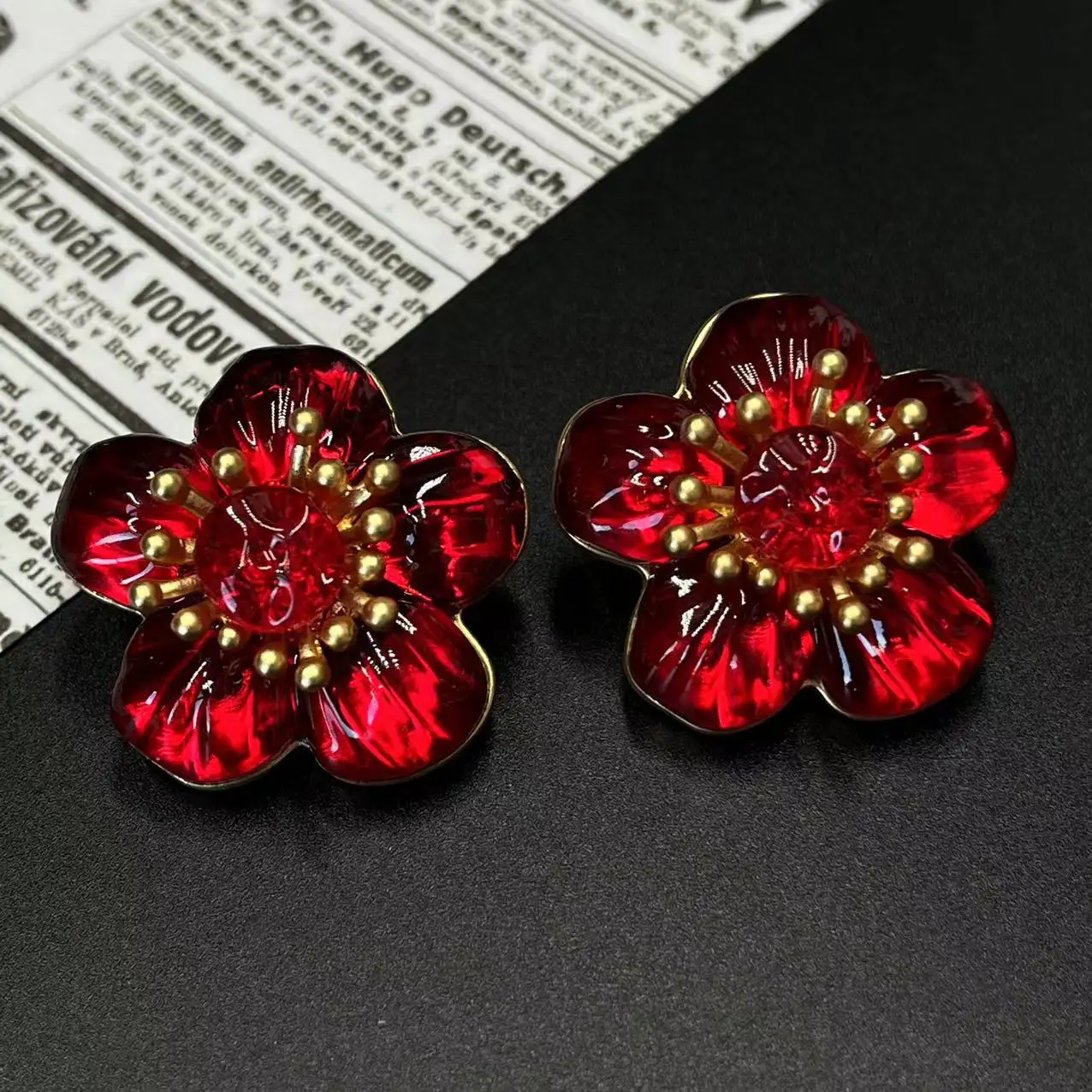 

French Jelly Glass Flower Big Red Joyful Earrings