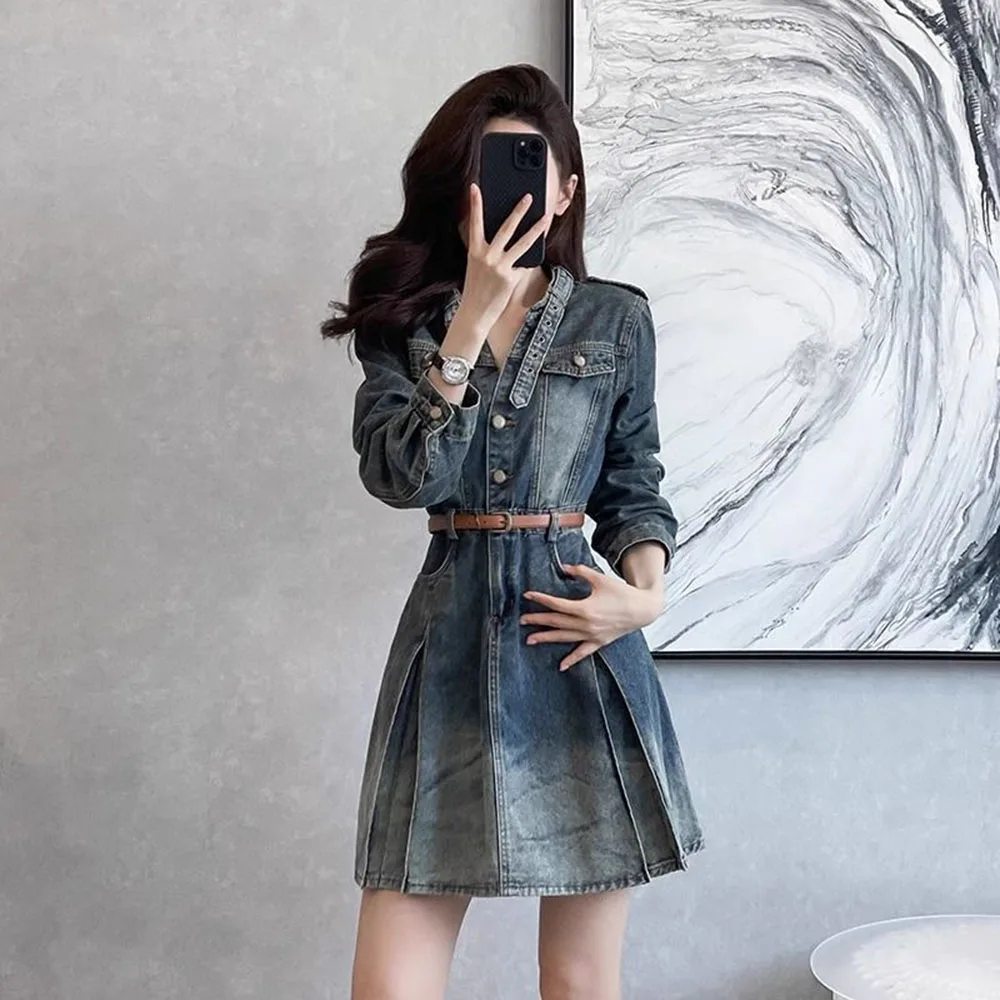 Frauen Hemd kragen Denim Kleider Frühling Herbst 2026 Neue Koreanische Dünne Lange Hülse Weibliche Vintage Blau Cowboy Kleid Vestidos