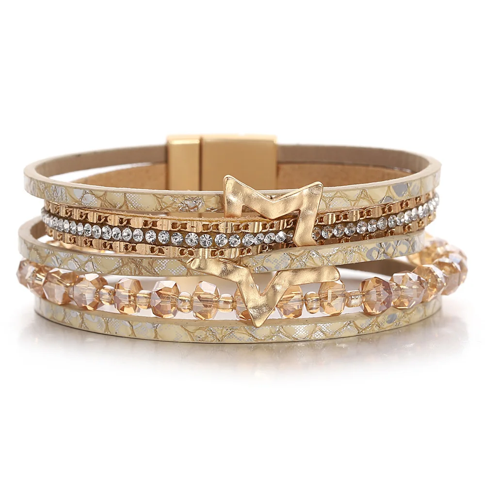 ALLYES Fashion Hollow Star Snake Skin Leather Bracelet for Women Charm Crystal Beads Chain Multilayer Wrap Bracelet Jewelry Gift