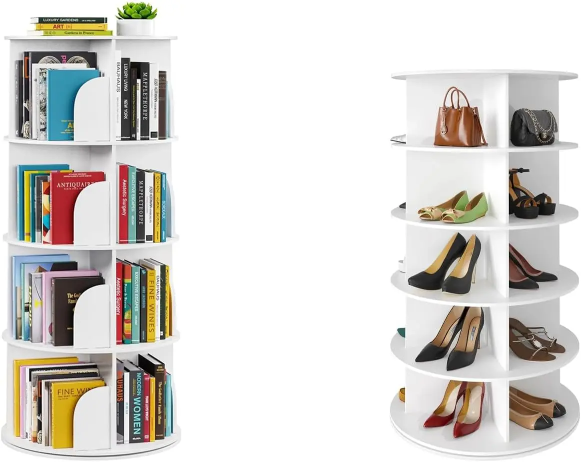 4-Tier Rotating Bookshelf and 5-Tier Spinning Shoe Rack Tower for Space-Saving Home Organization