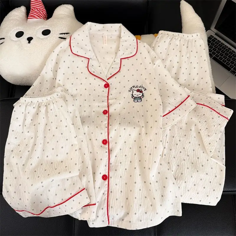 

Пижама Sanrio Hello Kitty, комплект из 3 предметов, ночная рубашка в горошек, женские шорты, одежда для сна с короткими рукавами, летняя пижама, кавайное домашнее платье, домашний костюм