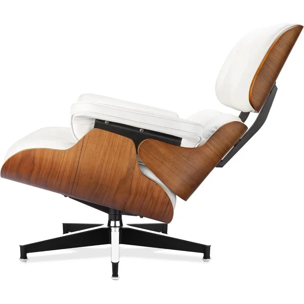 Cuero de grano negro superior, sillón y otomano de mediados de siglo, silla moderna de diseño clásico, madera de nogal, para sala de estar