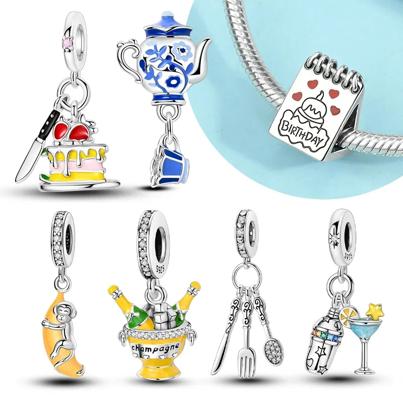 Abalorios de plata de ley S925 con forma de pastel de cumpleaños y amor, cuentas de plátano y Chocolate aptas para pulseras originales, regalo de joyería fina DIY para mujer