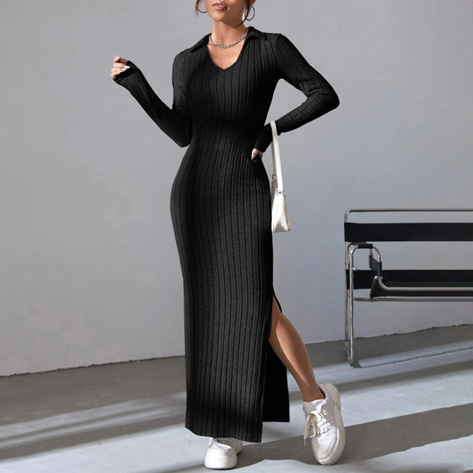 Women\'s Fall Winter Knitted Dress Long Sleeve Lapel Collar Solid Color Bodycon Long Dress Going Out Dress
