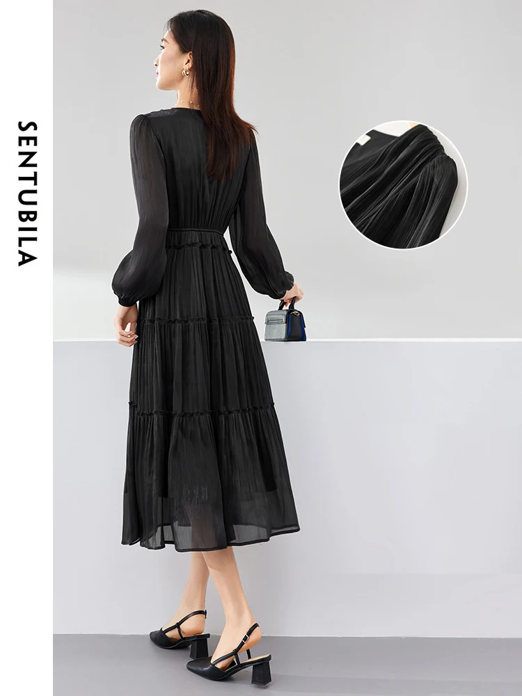 SENTUBILA Vintage Black Long Dress for Women Spring Autumn 2024 Trend V-neck Button Front Tiered Dress Female Clothes 141L52714