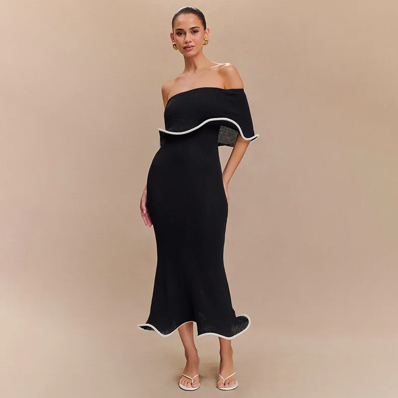 French Sexy Women Linen Suspender Long Dress Fashion Women Black Patchwork Slip Off Shoulder Dresses Pleated Loose Contrast