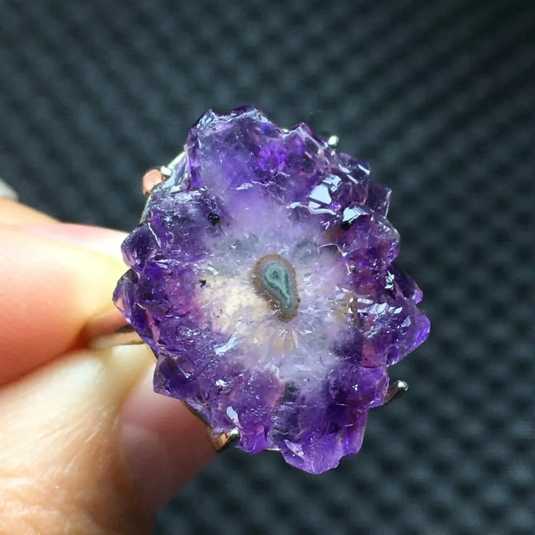 1 Pc Fengbaowu Natural Raw Rough Amethyst Flower Ring 925 Sterling Silver Slice Shape Reiki Healing Stone Jewelry Gift Men Women