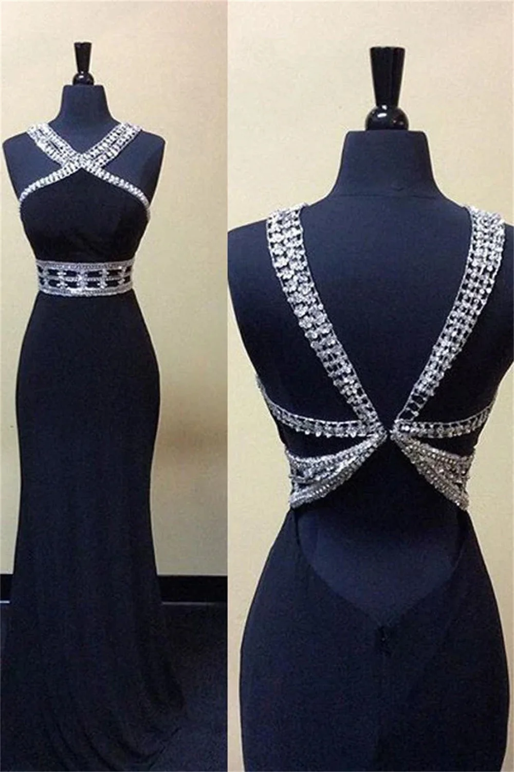 

Dark Navy Blue Floor Length Beaded Prom Dresses Sleeveless Backless Mermaid Dresses Women's Formal Occasion Gowns Party Dresses