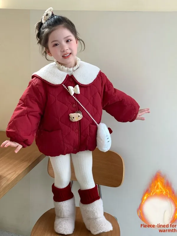 

Утепленная хлопковая куртка для девочек, зимняя, новый стиль, милый дизайн, отложной воротник, воротник-кукла, хлопковая кофта для детей