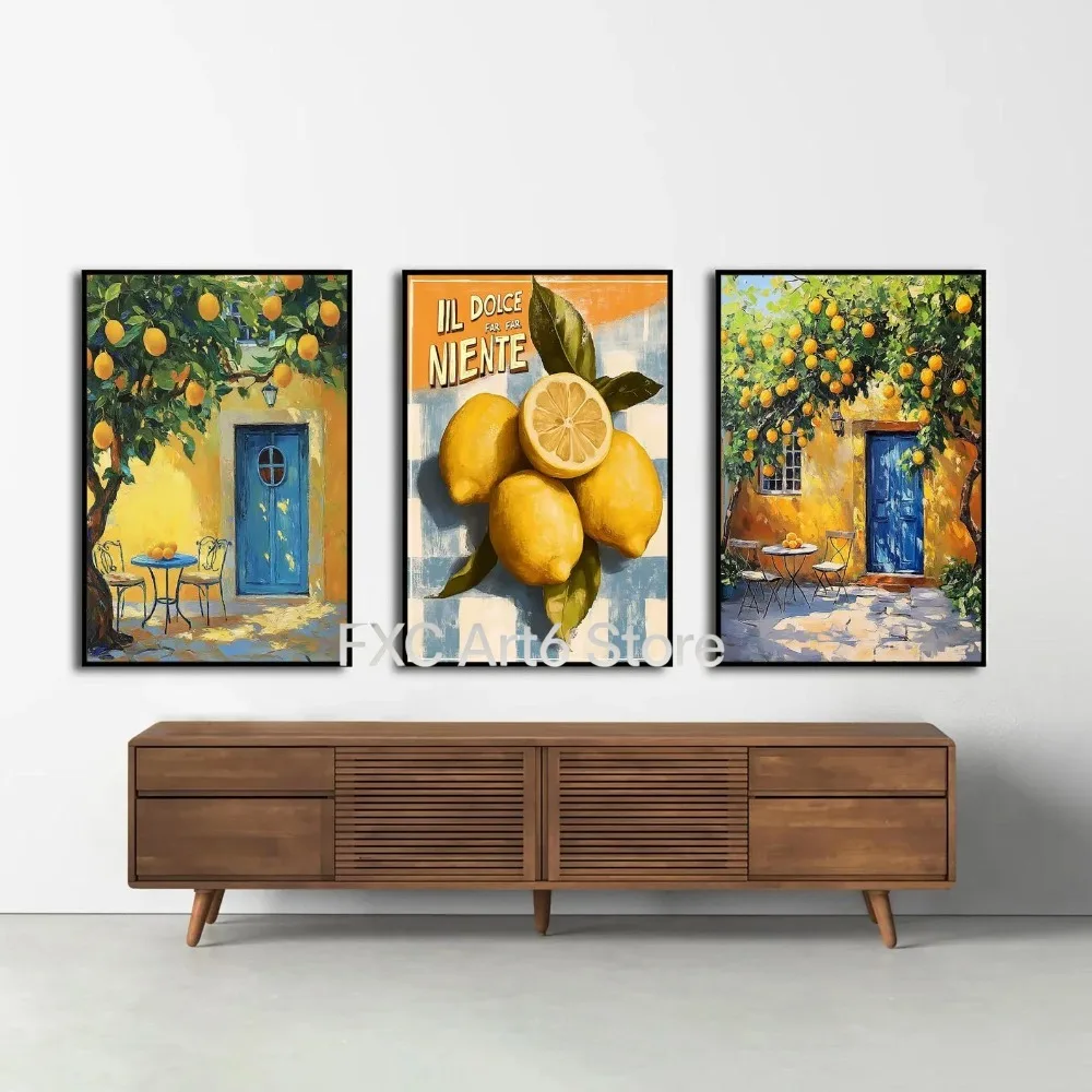 3PCS frameless   Italian Summer Wall,Amalfi Coast Lemon Prints,Mediterranean Decor,Coast Travel Posters,Kitchen Art,Instant Down