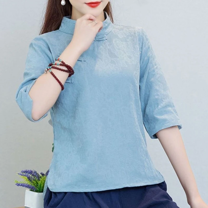 2023 Summer New Cotton Hemp Chinese Style Shirt Women Round Neck Half Sleeve Solid Color Pullovers Fashion Casual All-match Tops