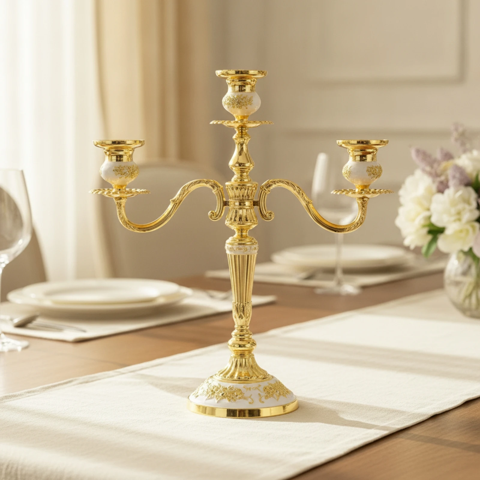 Three-Arm Metal Candelabra Ornate Freestanding Candle Stand with Paraffin-Catcher Plates Tabletop Candlestick Holder Elegant
