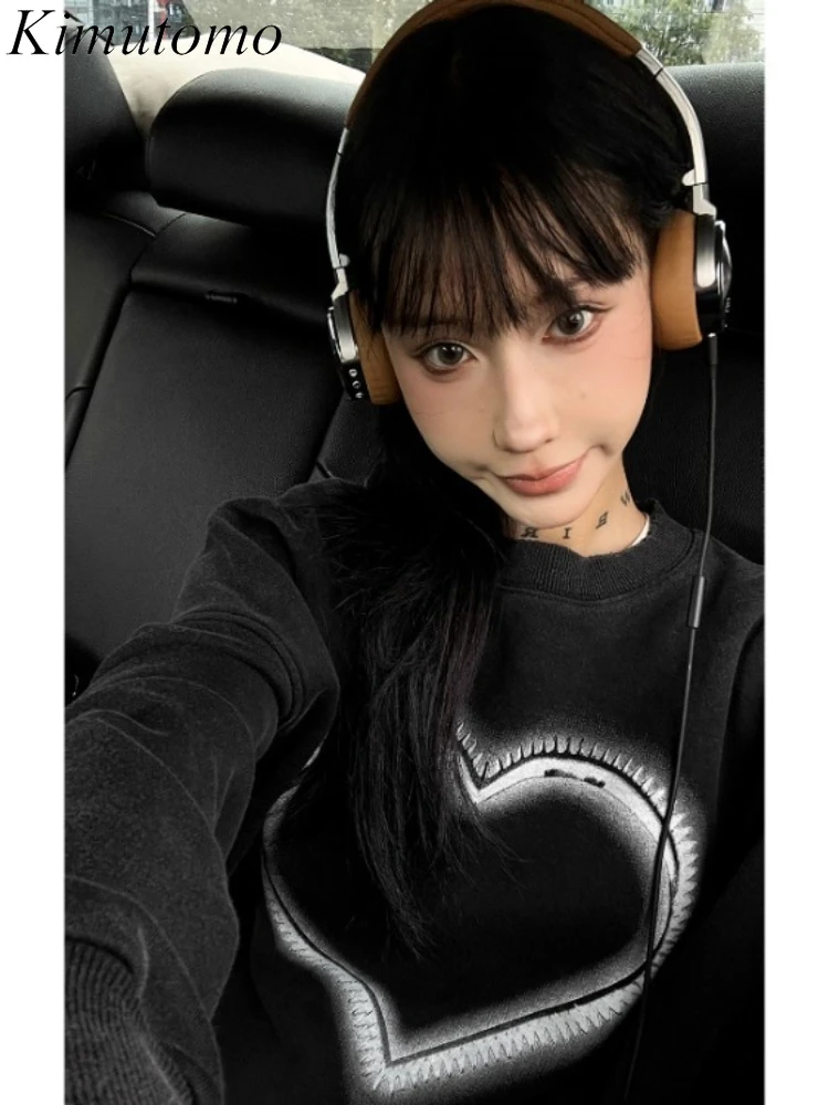 

Kimutomo Sweatshirts Women Heart Printed Vintage Loose Outwear Grunge Gothic O Neck Autumn Fashion Hoodies Ladies Casual