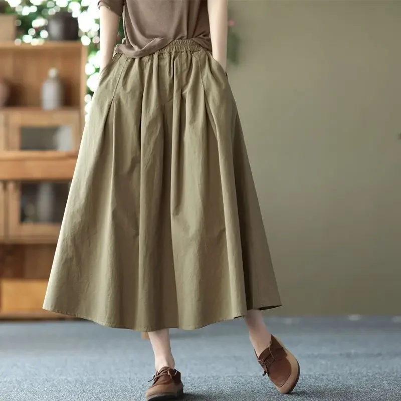 A-line Solid Color Literary Large Skirt Elegant Long Skirts Summer Woman 2023 Preppy Style Japanese Fashion Women Clothing Y2k