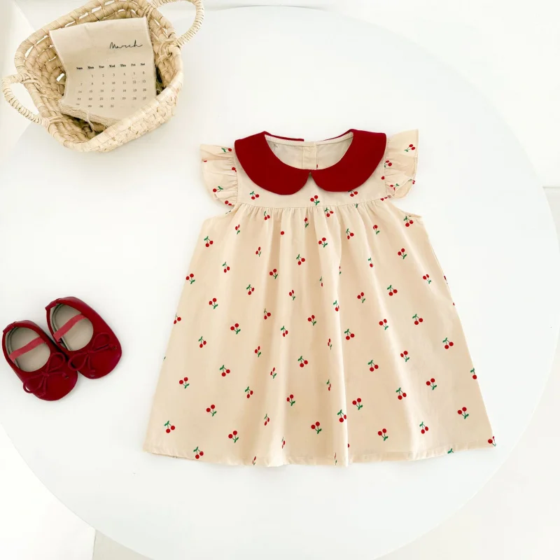 

Summer baby girl dress with doll collar and cherry print, sweet and unique cute princess dress with flutter sleeves