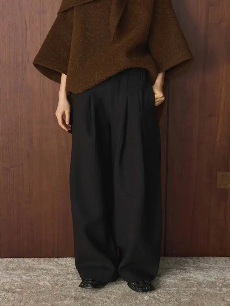 LANMREM 2025 Winter Nieuwe Koreaanse Mode Wollen Geplooide Wollen Broek Losse Afslanken Warme Lange Broek Voor Vrouwen