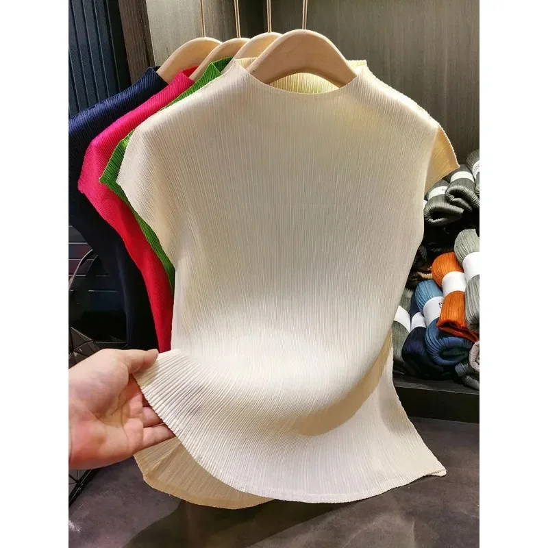 Women Slim Slim Short Sleeve Miyake T-shirt Summer  Miyake Versatile Classic Simple Solid Color Stand Up Collar Pleated Top