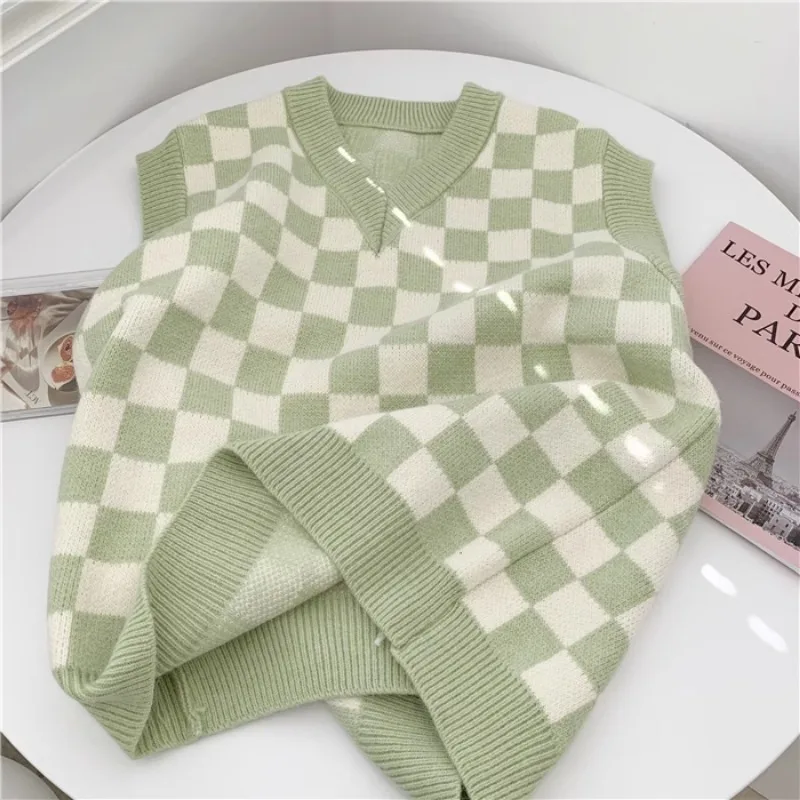 Matakawa Plaid Sweaters Women Tops Autumn Winter Japanese Style V Neck Basics Vests Fashion Contrast Color Sweet Pull Femme