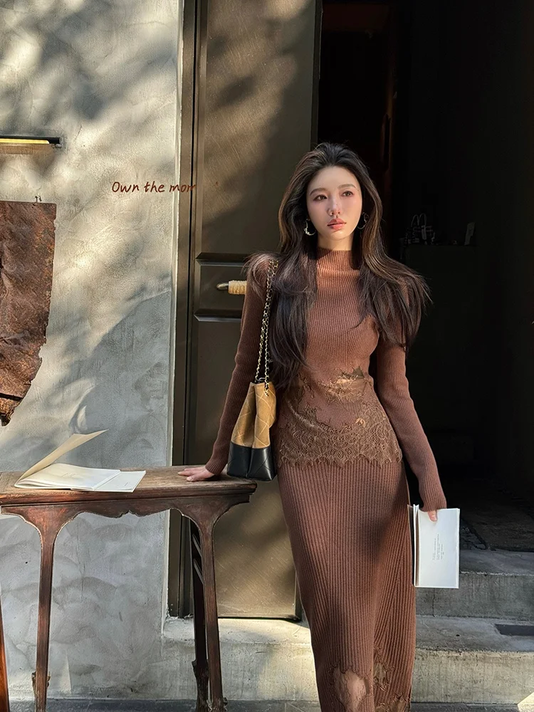 

ZQ Zigang Women's Knitted Sweater Lace Trim Woolen Slim Fit Two-Piece Set Casual Wear Long Sve Crew Ne Spring Collection