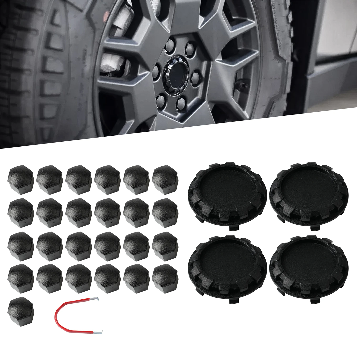 For Tesla Cybertruck Lug Nut Covers & Center Caps (24 Lugs +4Caps ) -Matte Black