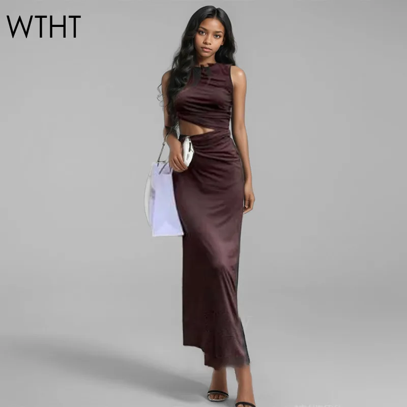 WTHT Fashion Women's Suits Cross Wrinkled Sleeveless Vest High Waist Split Long Skirts Set Female 2024 Winter Trendy 1LS616