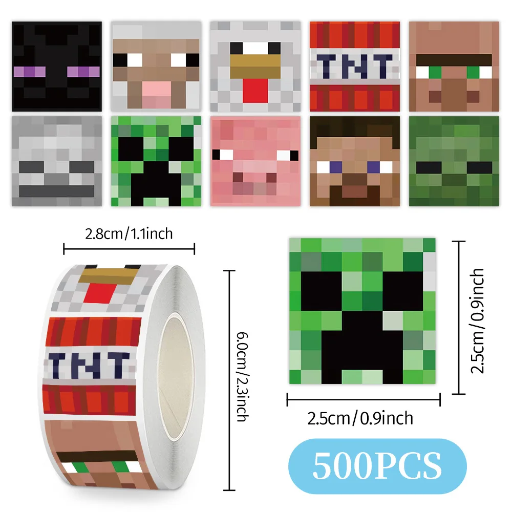 Sticker Roll 500pcs Minecraftes Diy Journal Stickers Student Stationery Desktop Decoration Piexl Game Themed Children Toys Gift