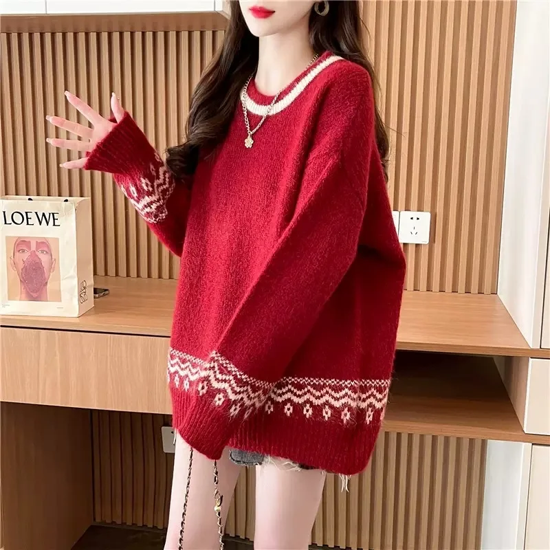 

Hsa Autumn and winter loose and thick Christmas style knitted tops versatile retro ethnic style round neck pullover sweaters Top