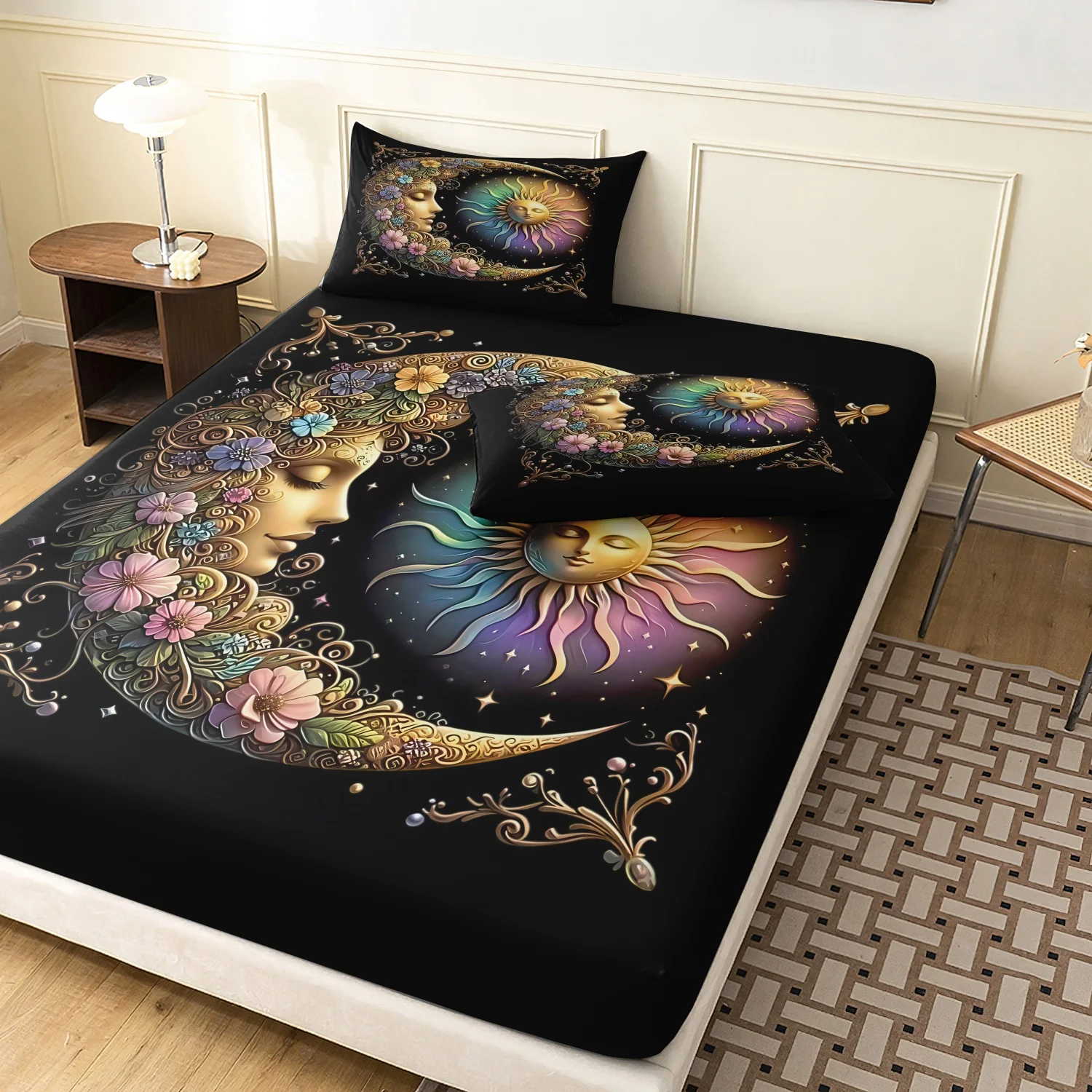 

3pcs Celestial Sun Moon Fitted Sheet Set, Dark Boho Retro Flower Printing Bedding - Bedding for Bedroom Guest Room And Dorm Room
