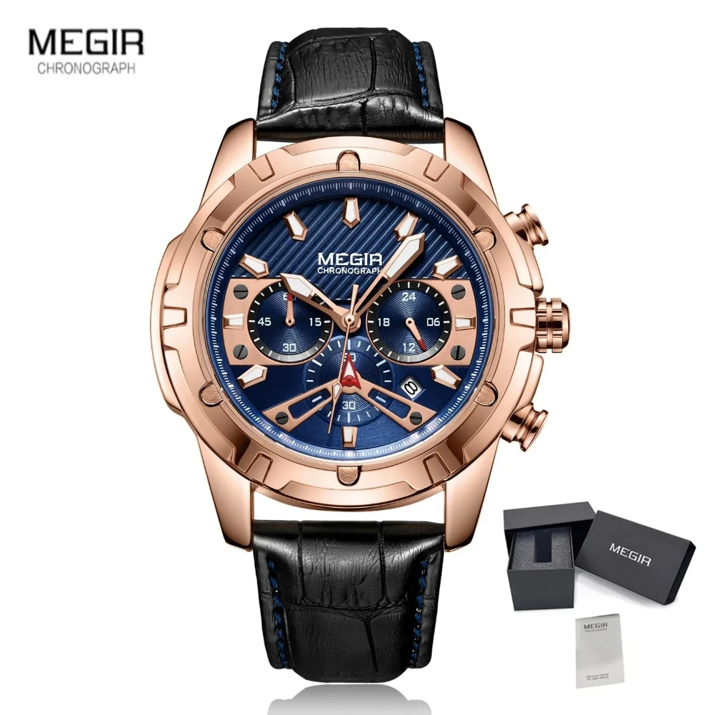 

MEGIR 2102, мужские модные спортивные часы, роскошные военные часы с хронографом и датой, кварцевые часы, кожаные водонепроницаемые часы, мужские часы Reloj Hombre