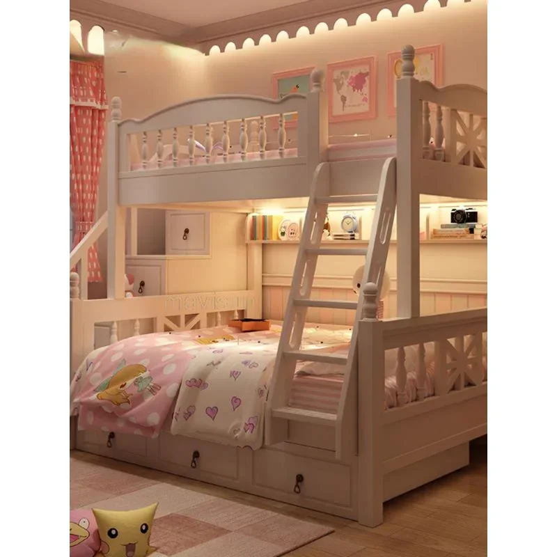 Style Bunk Bed White Modern Minimalist Up Down Bed With Storage For Princess Girls Creative Bedroom Furniture