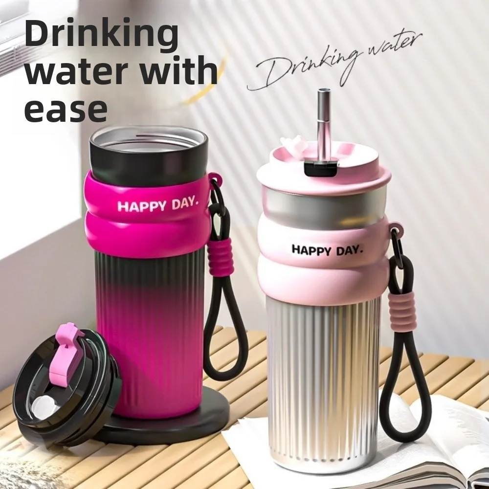 

500ml Insulated Water Bottle Large Capacity Keeps Cold and Heat Car Ice Preservation Flask with Straw Leak-Proof Vacuum Flask